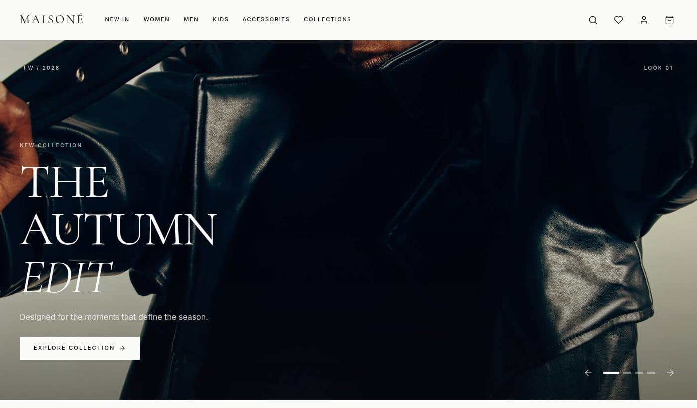 Preview of the MAISONÉ fashion storefront, showing its autumn collection